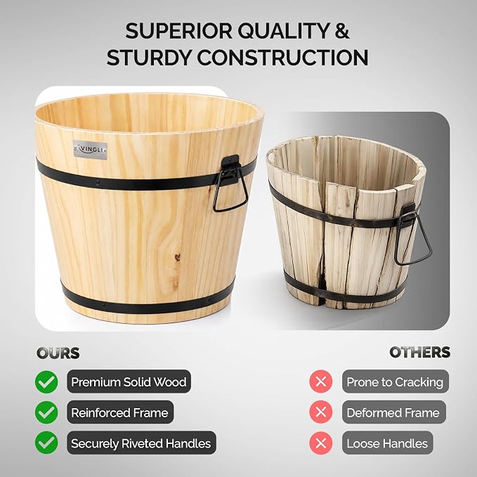 VINGLI 3 PCS Large Wooden Planter Barrel Set, 11.5"(Dia)- 18"(Dia), Real Wood Flower Pot with Drainage Holes, Different Sizes, Large Garden Container Box, Indoor & Outdoor (Honey)