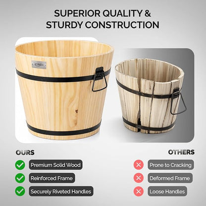 VINGLI 3 PCS Large Wooden Planter Barrel Set, 11.5"(Dia)- 18"(Dia), Real Wood Flower Pot with Drainage Holes, Different Sizes, Large Garden Container Box, Indoor & Outdoor (Honey)