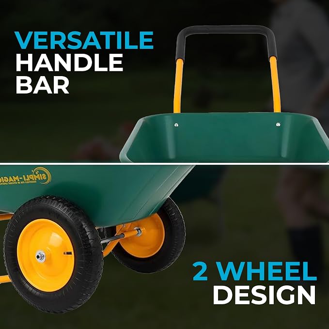 Simpli-Magic Premium Dual-Wheel Home Utility Yard Wheelbarrow Garden Cart w/Built-in Stand for Lawn, Gardening, Grass, Soil, Bricks, and Construction