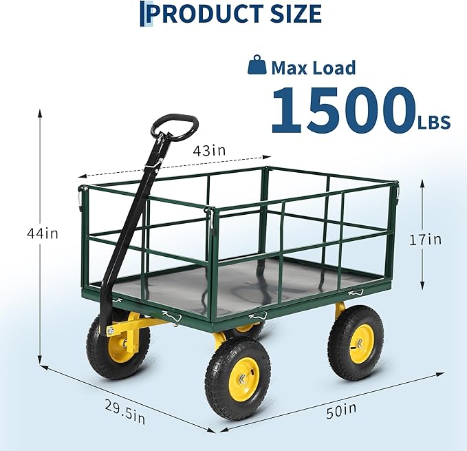 Heavy Duty 1500 Lbs Capacity Mesh Steel Garden Cart Folding Utility Wagon with Removable Sides, Garden Cart on Wheels for Gardening Soil, Tools, and Plant Transport