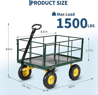 Heavy Duty 1500 Lbs Capacity Mesh Steel Garden Cart Folding Utility Wagon with Removable Sides, Garden Cart on Wheels for Gardening Soil, Tools, and Plant Transport