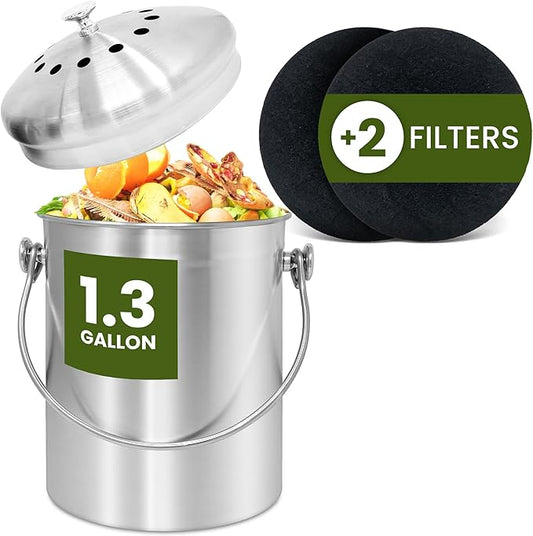 Reli. 1.3 Gallon Stainless Steel Compost Bin for Kitchen | Indoor Composting Bin with Charcoal Filters | Odorless Food Waste Countertop Bucket