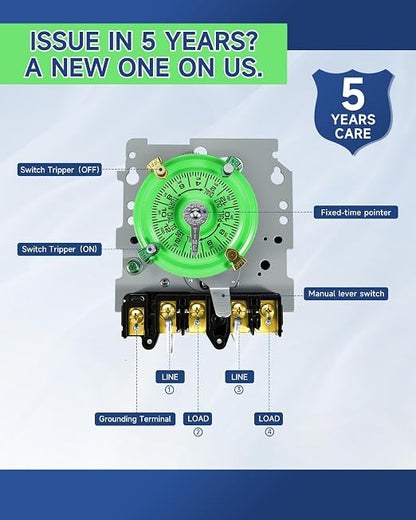 T104M Mechanical Pool Timer Switch Mechanism Only 208–277 V, 40 A, DPST | Suitable for pool pumps, cleaning pumps, HVAC fans, and water heaters. 12 on/off cycles daily; 5 years support.