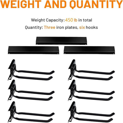 Wallmaster Garage Storage Organization Wall Mount, Garden Tool Rack Organizer Heavy Duty Folding Chair Hangers with 6 Adjustable Hooks 48inch Tracks Max Load 450lb