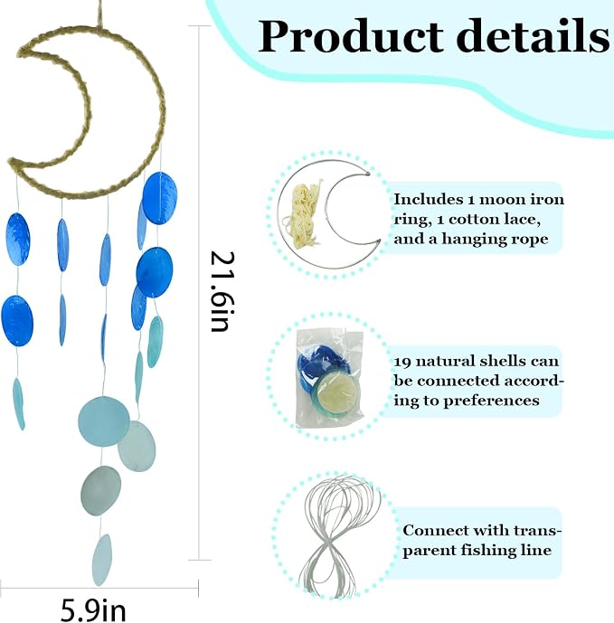 Wind Chimes Making Supplies Kits for Adults Arts and Crafts-DIY Wind Chime Parts with Round Capiz Shells Metal Hoops Moon Shaped Fishing Line Twine String Ribbon,Gifts for Women Mom(Blue)