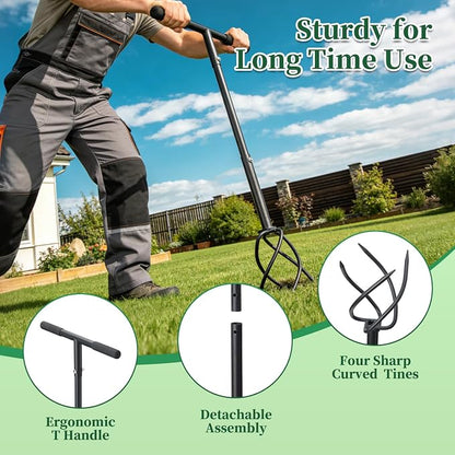 BeBecome Hand Tiller for Gardening, Manual Garden Claw Cultivator with 4 Sharp Curved Steel Tines, Twist Tiller Soil Loosener, Rotary Handheld Tiller for Yard Lawn Weeding