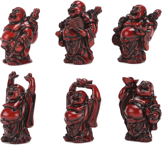 6Pcs 2in Red Resin Laughing Buddha Figurines, Tabletop Lucky Decor | Maitreya Buddha Statue, Flower Pot Statue, Home Office Desk Decor, Fengshui Collection Gift Ornaments