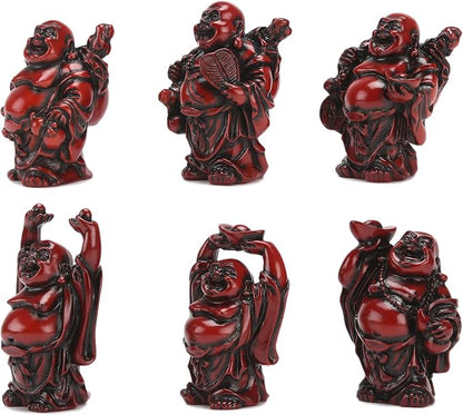6Pcs 2in Red Resin Laughing Buddha Figurines, Tabletop Lucky Decor | Maitreya Buddha Statue, Flower Pot Statue, Home Office Desk Decor, Fengshui Collection Gift Ornaments