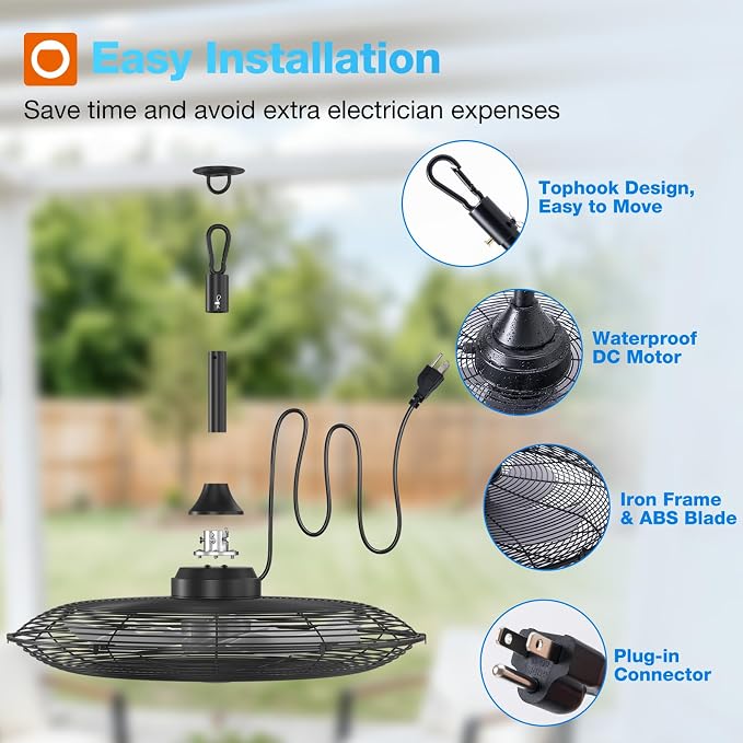 addlon Outdoor Ceiling Fan for Patios, 24 inch Black Waterproof Gazebo Fan Remote&APP Control, 6 Speeds, Noiseless, Reversible, Plug in Hook Mount Ceiling Fan for Pergola Canopy Porch