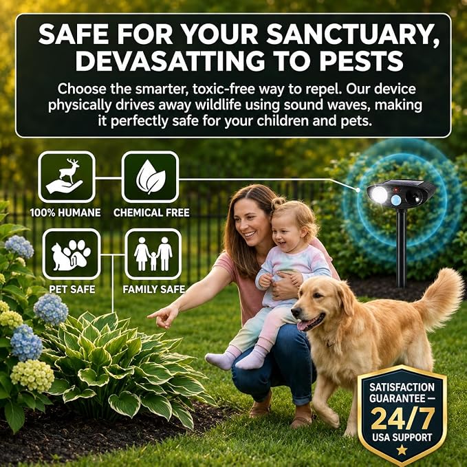 2026 4Pack Sonic Fortress Pro Deer Repellent Devices Solar Ultrasonic Animal Repellent with Motion Sensor&Flash Light-IP65 Waterproof Cat Repellent Outdoor,Rabbit Fortress Pro for Flowers,Plant