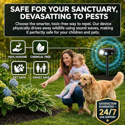 2026 4Pack Sonic Fortress Pro Deer Repellent Devices Solar Ultrasonic Animal Repellent with Motion Sensor&Flash Light-IP65 Waterproof Cat Repellent Outdoor,Rabbit Fortress Pro for Flowers,Plant