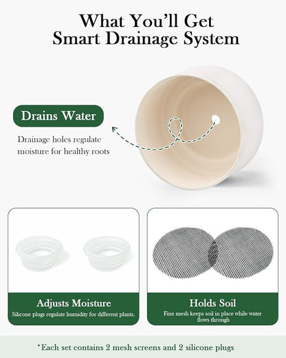 Succulent Pots, 8 Inch + 6 Inch Plant Pots with Drainage Hole, Indoor Outdoor Glazed Ceramic Planter, Set of 2 Modern Round Flower Pots for Plants, White