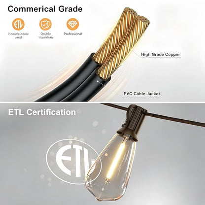 50FT Outdoor String Lights with Remote, Garden Patio Decor with 2500K Warm White, 25+1 LED Edison Bulbs, Support Timer Dimmable Waterproof Shatterproof for Yard Outside Porch Deck Indoor (24V)