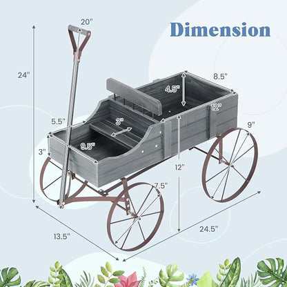 Wooden Wagon Planter, Decorative Flower Pots w/ 2 Planting Sections, Wheels & Handle, Rustic Farmhouse Garden Planter Box for Patio, Yard, Porch (Grey)