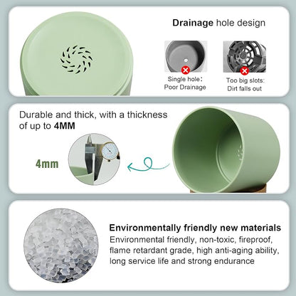 WSMKSZ 5 Pack Cylindrical Flower Pots with 7/6.5/6/5/4 inch, Modern Small Plastic Plant Pots with Drainage Holes & Saucers, Round Planter Pots for Outdoor, Indoor & Office Decor (Green Brown)