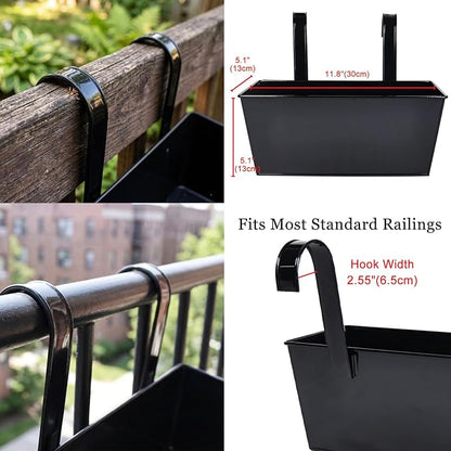 12" Balcony Railing Planters, Outdoor Hanging Planter for Fence, Stylish Metal Porch Deck Flower Pot for Herbs & Succulents (Rectangular-Black, Pack of 8)