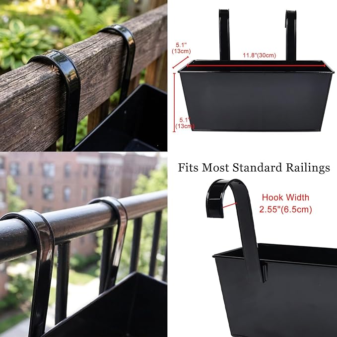 12" Balcony Railing Planters, Outdoor Hanging Planter for Fence, Stylish Metal Porch Deck Flower Pot for Herbs & Succulents (Rectangular-Black, Pack of 6)