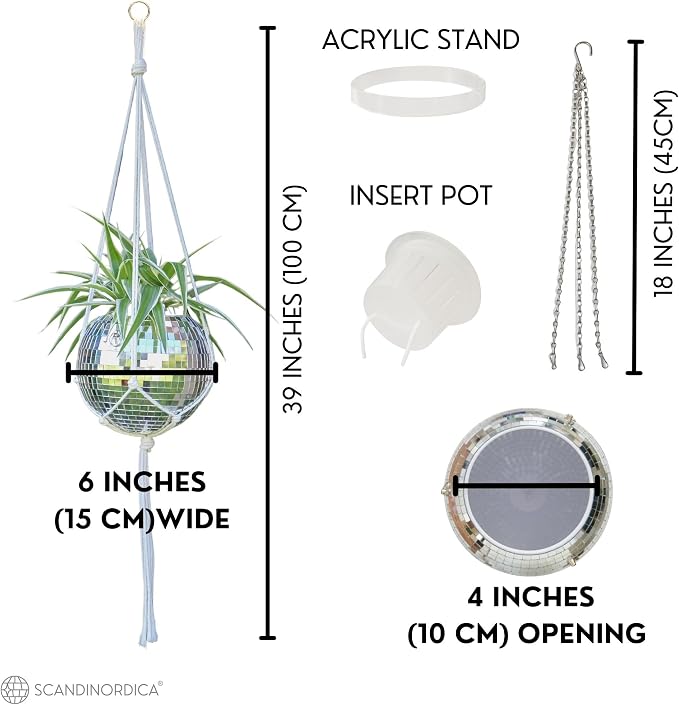 SCANDINORDICA Disco Ball Planter – Value Package: Mirror Disco Planter with Chain, Macrame Hanger and Acrylic Stand for Desk, Includes Self Watering Insert, Disco Ball Decor | 6 inch Silver