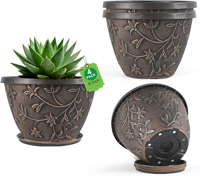 Nooulap 8 Inch Plant Pot with Drainage Hole, 4 Pack Plastic Flower Pot for Indoor Outdoor Plants, Decorative Small Planter for Desk, Balcony & Garden (Retro Brown)