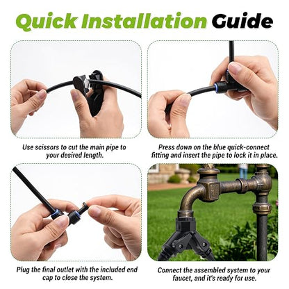 200FT 1/4" Drip Irrigation System Kit with 32pcs 360° Adjustable Copper Nozzles, Quick-Connect Watering & Misting System for Garden, Greenhouse, Lawn, Raised Beds, Potted Plants & Yard