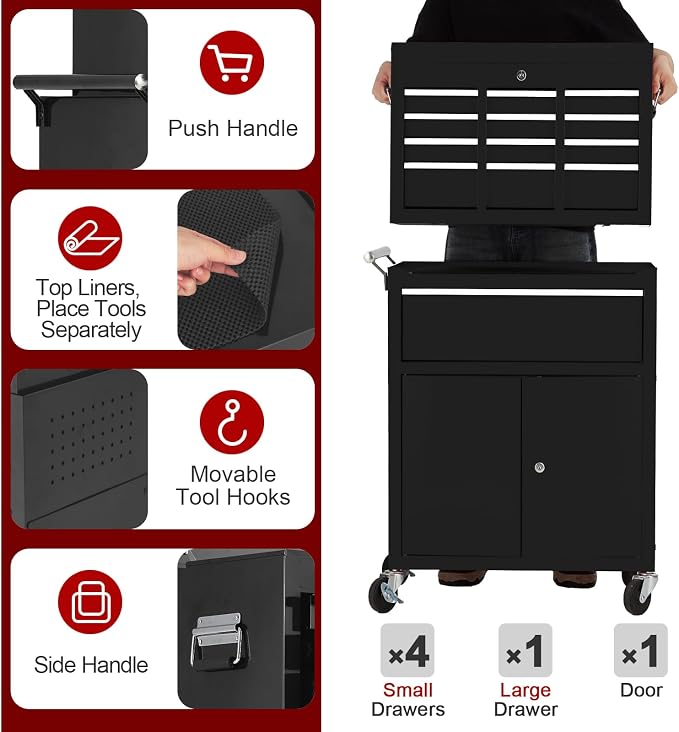 5-Drawer Rolling Tool Chest, 2-in-1 Detachable Top Tool Cabinet with Removable High Capacity Storage, Sliding Drawers, Wheels, Locking System & Liners for Workshop, Mechanics, Garage and Warehouse Use