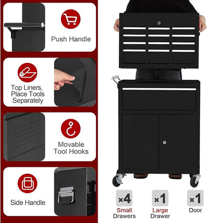 5-Drawer Rolling Tool Chest, 2-in-1 Detachable Top Tool Cabinet with Removable High Capacity Storage, Sliding Drawers, Wheels, Locking System & Liners for Workshop, Mechanics, Garage and Warehouse Use