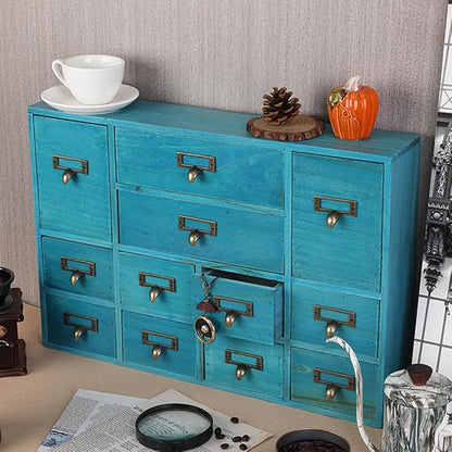 Apothecary Drawers Apothecary Cabinet with Drawers, Blue | 12 Drawer Library Card Catalog, Wooden Storage Box, Wooden Desktop Organizer with Metal Handles-Fulled Assembled