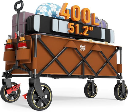 Timber Ridge 51.2'' Extended Collapsible Wagon Cart with Brakes and Cargo Net, 500LBS Heavy Duty Foldable Utility Wagon with Adjustable Handle, 400L Capacity Portable Cart for Camping Sports, Orange