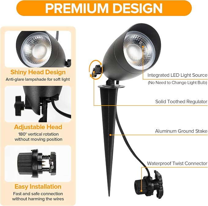 LUTEC 5CCT 12V Low Voltage Landscape Lighting Die-cast Aluminum Spot Lights with Connectors, IP65 Outdoor Landscape Spotlights, 7W 650LM for Tree Garden, 8 Pack (No Transformer Kits)