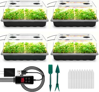 Seed Starter Tray with Grow Light, 192-Cell Seed Starter Kit, Seedling Starter Trays with Humidity Domes, Automatic Timer, Adjustable Light Indoor Gardening Plant Germination Trays