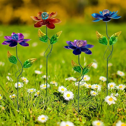 Viveta 4 Pack Flower Decorative Garden Stakes, Metal Flowers Outdoor Decor Metal Flower Sticks for Patio, Lawn, Yard Decorations