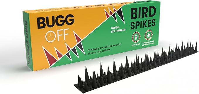BUGGOFF - Bird & Rodent Spikes, Unique Spike Pattern effecitviely deteres Pesky Pigeons, Squirrels, Raccoons. Installs on Fences, Gates, Roofs, Walls and More! (13 Feet, Black Plastic)