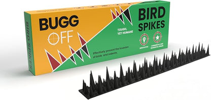 BUGGOFF - Bird & Rodent Spikes, Unique Spike Pattern effecitviely deteres Pesky Pigeons, Squirrels, Raccoons. Installs on Fences, Gates, Roofs, Walls and More! (13 Feet, Black Plastic)