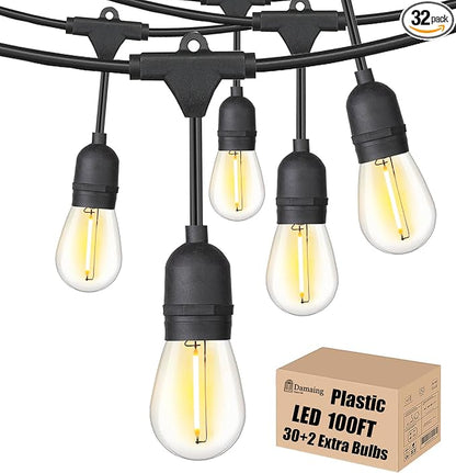 Outdoor-String-Lights-100FT-Patio-Light with 32 Shatterproof S14 Dimmable Edison Bulbs, Connectable Heavy Duty Outdoor lighting, Commercial Grade Waterproof String Light for Porch Market Backyard