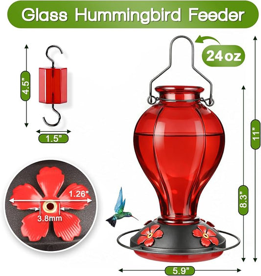 Glass Hummingbird Feeders for Outdoors Hanging, 24oz Wild Bird Nectar Feeder with Ant Moat and 360° Perch, Bee-Resistant Ports,Outside Garden Decor,Colorful Gifts for Women Mom, 1 Pack, Red