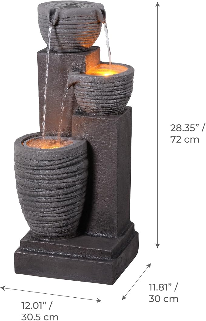 Teamson Home Horizontal Ribbed Pattern Outdoor Water Fountain, Warm Gray | Warm Glow Lighting, Adjustable Flow, Electric Pump