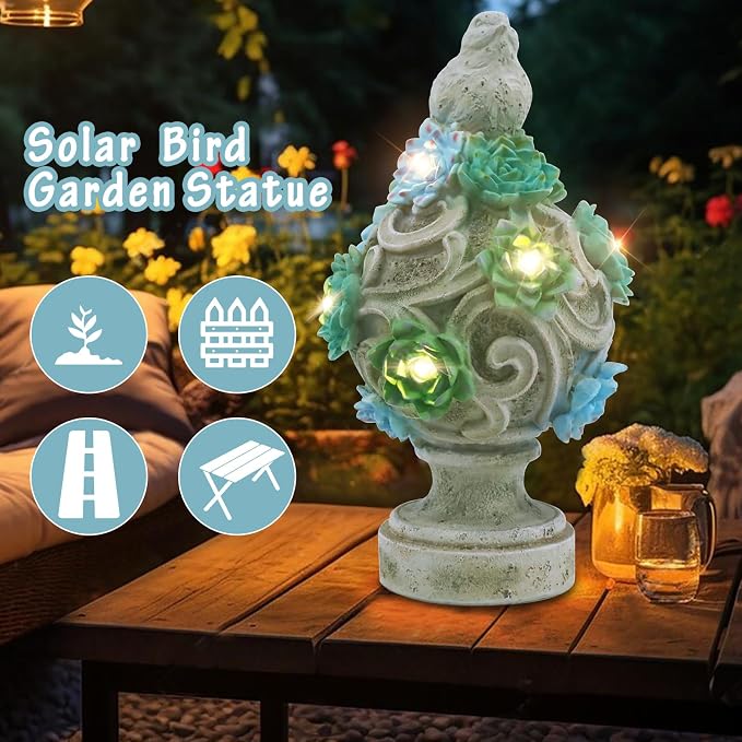 WONDER GARDEN Bird Statue with Solar Light, Resin Birds Figurines, Outdoor Dove Garden Statues, Waterproof Lawn Yard Patio Ornaments Statuary Decorations