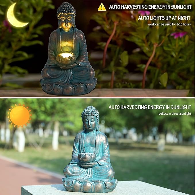 Bshine Solar Buddha Statue Outdoor Lights - 11x6 Inch Waterproof Garden Statue with Lotus, Meditation Zen Spiritual Room Decor for Yard