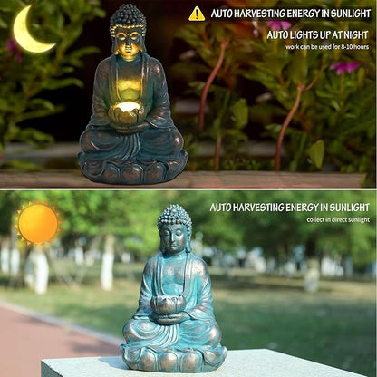 Bshine Solar Buddha Statue Outdoor Lights - 11x6 Inch Waterproof Garden Statue with Lotus, Meditation Zen Spiritual Room Decor for Yard