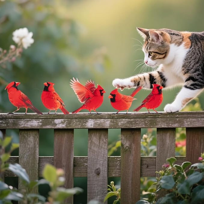 HUYIENO 5PCS Vivid Metal Birds Fence Decor 2D Dual Side Color Painted Outdoor Garden Natural Bird Sculptures for Outdoor Fences, Patio, Garden and Bird Lovers (Cardinal)