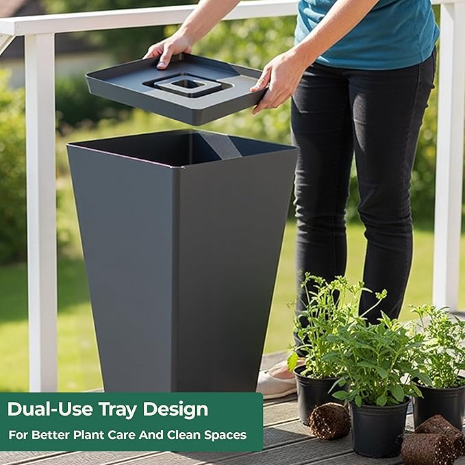 Worth Garden Large 28 in.Tall Planters Set of 2 for Indoor and Outdoor, Heavy Duty Plastic Black Modern Taper Flower Plant Pots with Drainage Hole and Dual-Purpose Tray for Front Porch, Patio