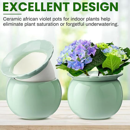Suclain 2 Pcs African Violet Pots, 6.5 Inch Self Watering Pots for Indoor Flowers and Plants Ceramic Easy Self Watering Plant Pot with Highly Absorbent Inner Planter Pot for Tropical Plants(Green)