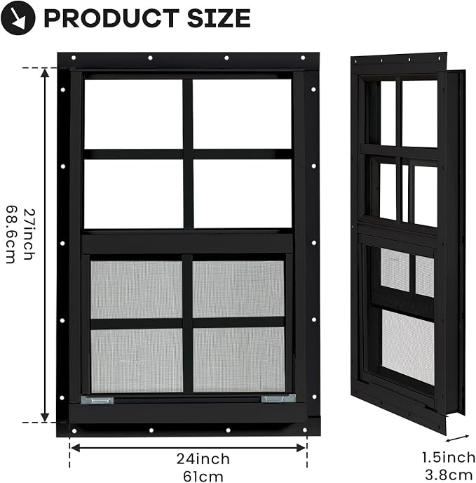 Shed Windows 2 Pack, Chicken Coop Windows 24" x 27" Black | Flush Mounted Small Windows with Tempered Glass and Fiberglass Screen for Shed, Barns, Playhouse, Household, Garage