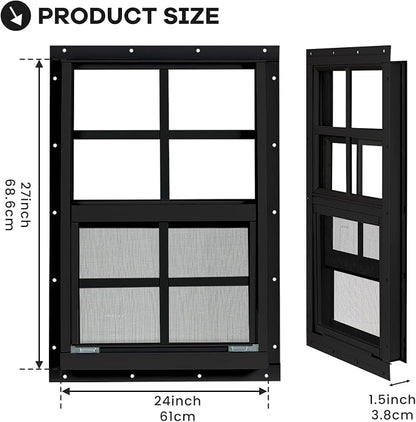 Shed Windows 2 Pack, Chicken Coop Windows 24" x 27" Black | Flush Mounted Small Windows with Tempered Glass and Fiberglass Screen for Shed, Barns, Playhouse, Household, Garage