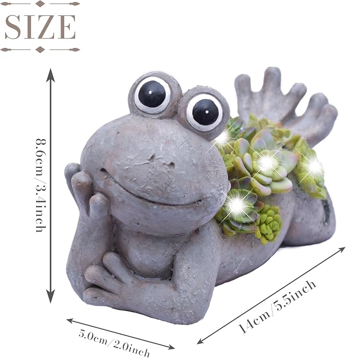 TERESA'S COLLECTIONS Garden Decor, Cute Frog Garden Statue with Solar Light, Waterproof Resin Garden Statue, Frog Gifts, Garden Gifts for Women Mom, Indoor/Outdoor, 5.5"