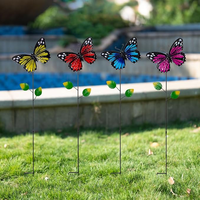 4 Pack Butterfly Decorative Garden Stakes,Metal Colorful Butterfly Garden Decor,Yard Art Spring Decor for Outdoor Porch Lawn Pathway