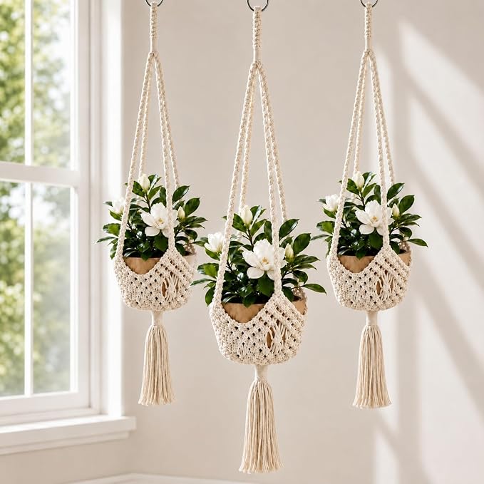 Shappy 3 Pack Boho Macrame Plant Hanger, Large Hanging Planter Plant Holder Pot Hanger Hanging Basket Wall Planters, Plants Lover Gift for Indoor Garden (Spiral Knot,White)