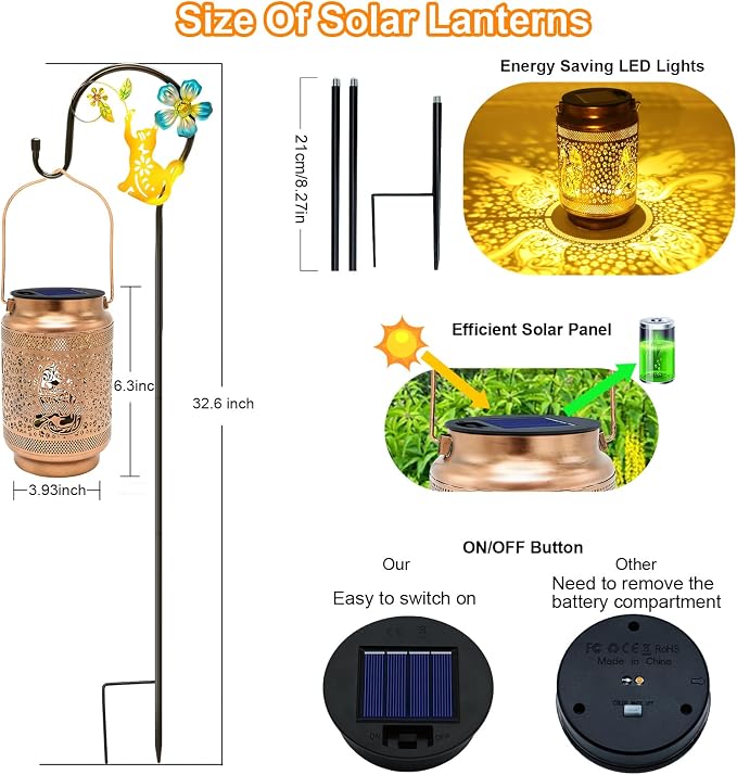 2 Pack Cat Solar Lanterns Outdoor Waterproof Solar Garden Decor, Birthday Gifts for Women Mom Grandma, Metal Hanging Lights with Shepherd Hook for Outside Yard Patio Pathway Backyard