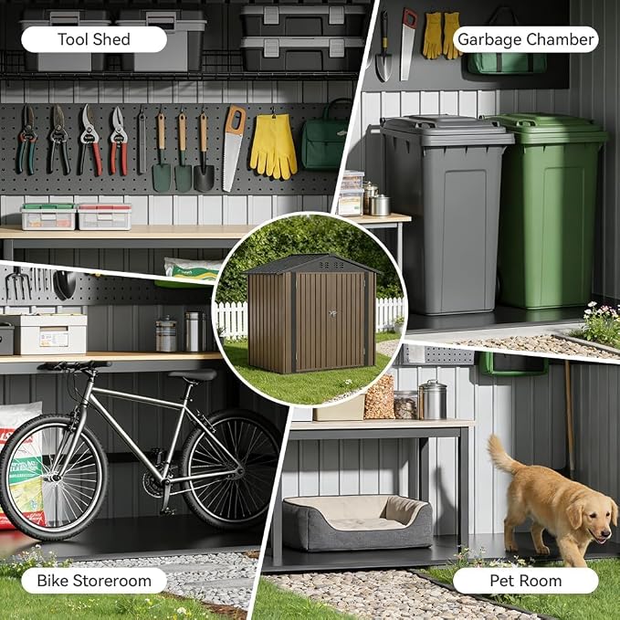 COMHOMA 6'x4' Shed Outdoor Storage Metal, Weatherproof Garden Utility Tool House with Lockable Doors & Adjustable Shelving, Ventilated Backyard Workshop,Brown