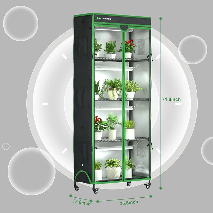 Indoor Greenhouse with Grow Light, Mini Greenhouse with Cover | 5-Tier Plant Shelf with 3-Color T8 Growth Light, Plant Stand with Smart Timing Plug and thermohygrometer, 35.8"x17.8"x71.8"